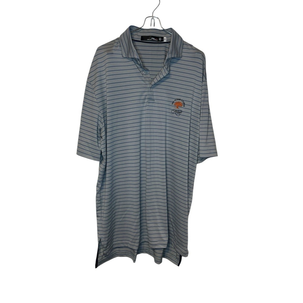 RLX Golf Men's Shirt Polo The Ocean Course Kiawah Logo Stripes‎ Blue Gray Medium